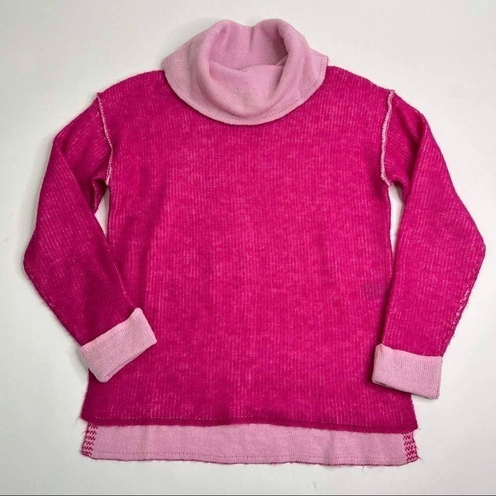 PARKHURST Barbie Pink Wool Mohair Blend Two Toned Side Split Turtleneck Sweater